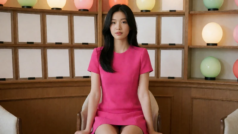 虚构成年东亚女性穿桃红色短裙坐在暖光室内中央，身后是彩色圆灯