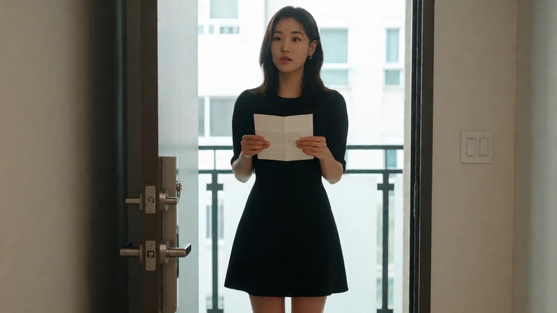 虚构成年东亚短剧女主穿黑色短裙站在公寓门口手持折好的信
