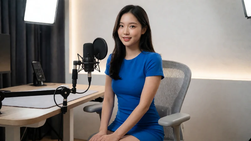 虚构成年东亚女主播穿蓝色短裙坐在直播桌前看向镜头